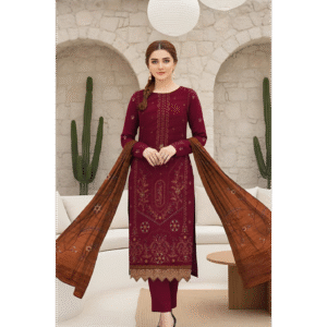 Dyed Chamki Jacquard Dhanak Heavy Embroidered 3-Piece Suit with Velvet Shawl - V55-D4