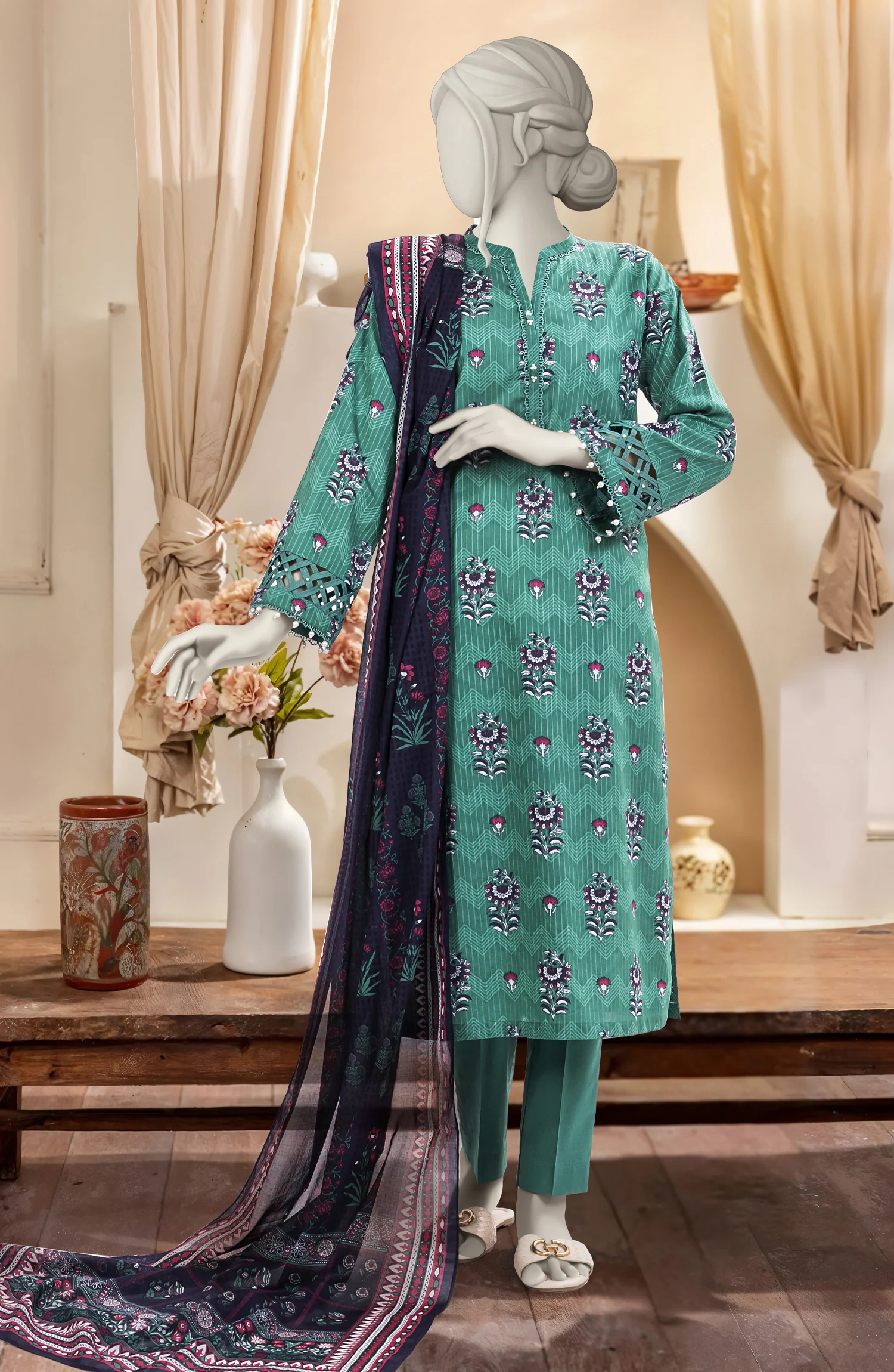 PRINTED TEXTURED CAMBRIC 3PCS UNSTITCHED - 4082