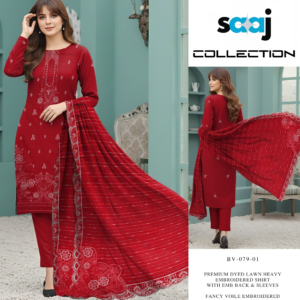 Premium Dyed Lawn Heavy Embroidered 3-Piece Suit with Cutwork Voile Shawl - BV-079-01