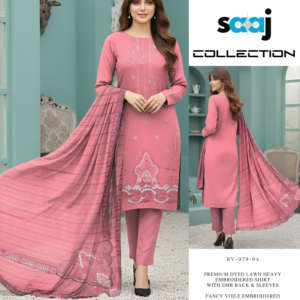 Premium Dyed Lawn Heavy Embroidered 3-Piece Suit with Cutwork Voile Shawl - BV-079-04