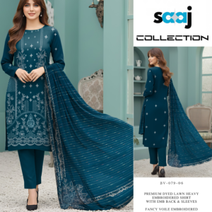 Premium Dyed Lawn Heavy Embrodered 3-Piece Suit with Cutwork Voile Shawl - BV-079-06