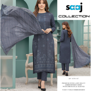 Premium Dyed Lawn Heavy Embrodered 3-Piece Suit with Cutwork Voile Shawl - BV-079-07
