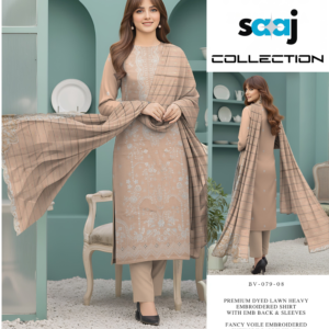 Premium Dyed Lawn Heavy Embrodered 3-Piece Suit with Cutwork Voile Shawl - BV-079-08