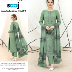 Premium Chamki Dyed Lawn Suit with Heavy Embroidered Patchwork Shirt & Jacquard Shawl – CB-083-03